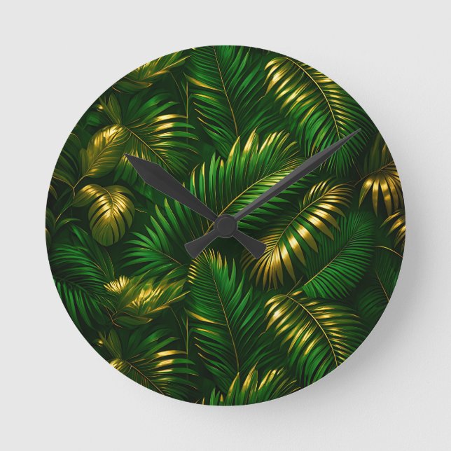 Golden Tropical Leaves Jungle Luxe Round Clock (Front)