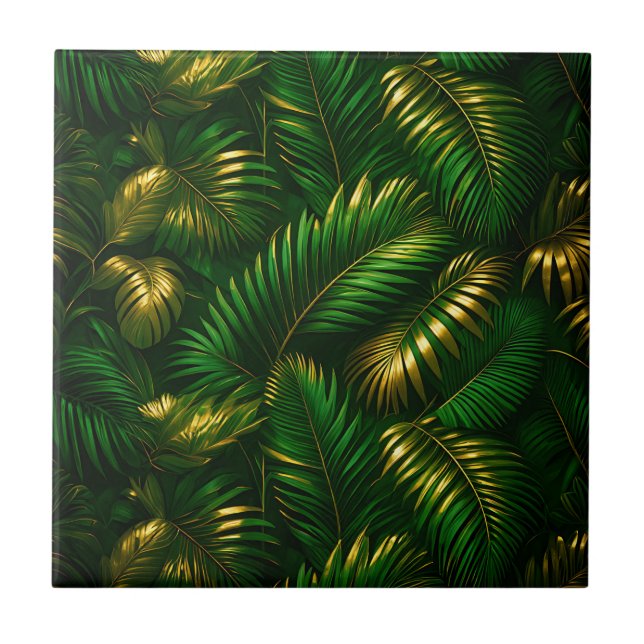 Golden Tropical Leaves Jungle Luxe Tile (Front)