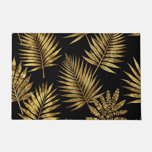 Golden Tropical Leaves Luxe Pattern Doormat (Front)