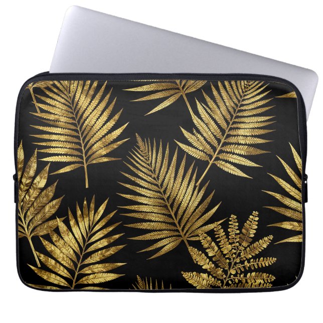 Golden Tropical Leaves Luxe Pattern Laptop Sleeve (Front)