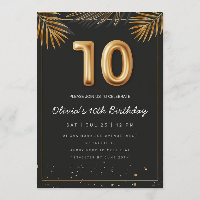 Golden Tropical Palm Leaves 10th Birthday  Invitation (Front)