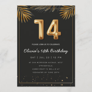 Golden Tropical Palm Leaves 14th Birthday  Invitat Invitation