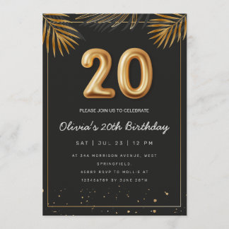 Golden Tropical Palm Leaves 20th Birthday  Invitation