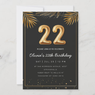 Golden Tropical Palm Leaves 22th Birthday Invitation