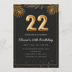 Golden Tropical Palm Leaves 22th Birthday  Invitation