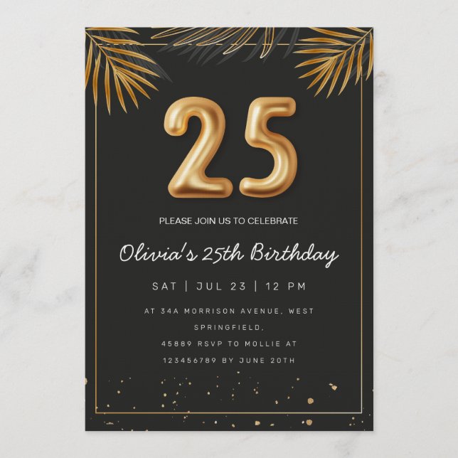 Golden Tropical Palm Leaves 25th Birthday  Invitation (Front)