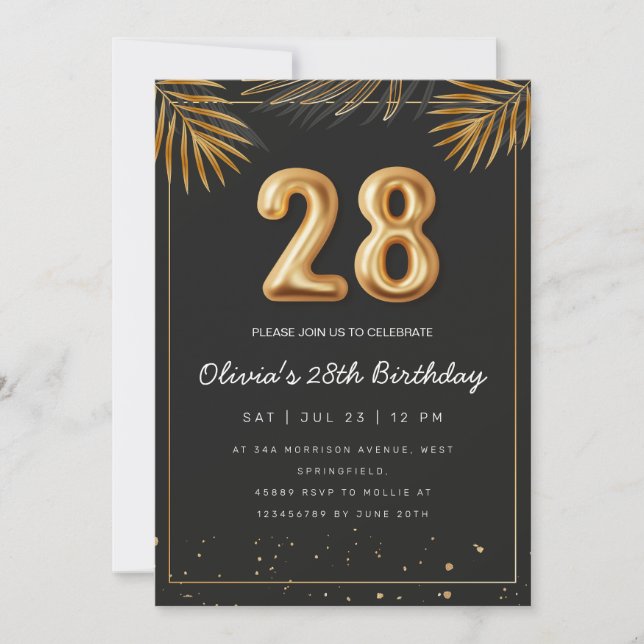 Golden Tropical Palm Leaves 28th Birthday  Invitation (Front)