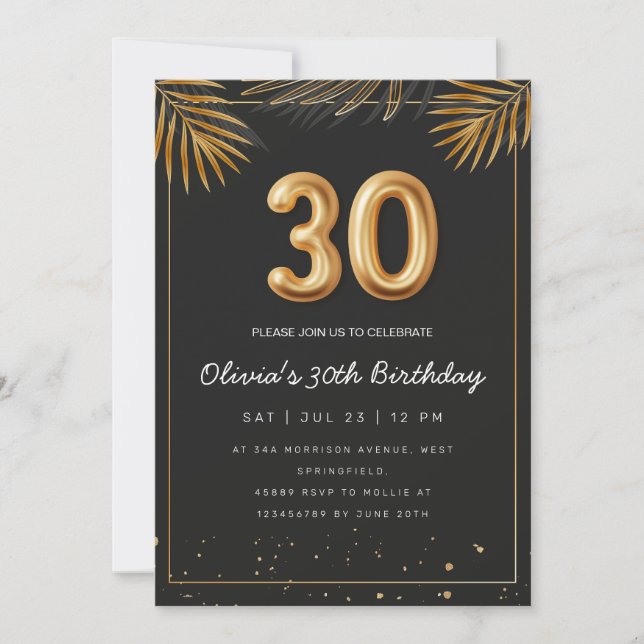 Golden Tropical Palm Leaves 30th Birthday  Invitation (Front)