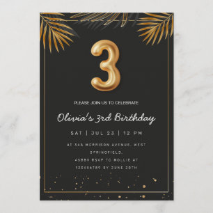  Golden Tropical Palm Leaves 3rd Birthday  Invitation
