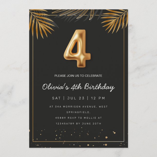 Golden Tropical Palm Leaves 4th Birthday  Invitation (Front)
