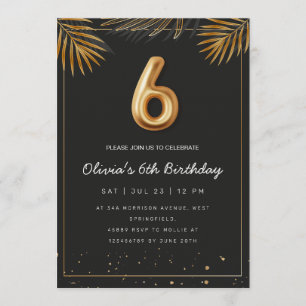  Golden Tropical Palm Leaves 6th Birthday  Invitation