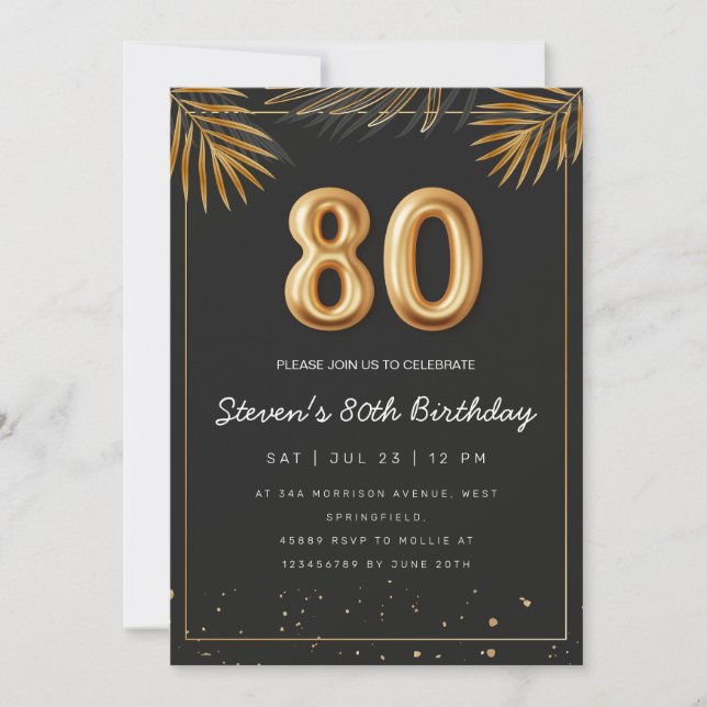 Golden Tropical Palm Leaves 80th Birthday  Invitation (Front)