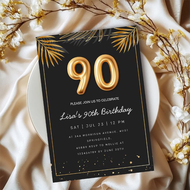 Golden Tropical Palm Leaves 90th Birthday  Invitation (Creator Uploaded)