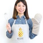 Golden tropical pineapple on white name standard apron<br><div class="desc">A modern faux gold colored tropical pineapple.  White background.  Black hand-lettered style script and template for your name or text.</div>