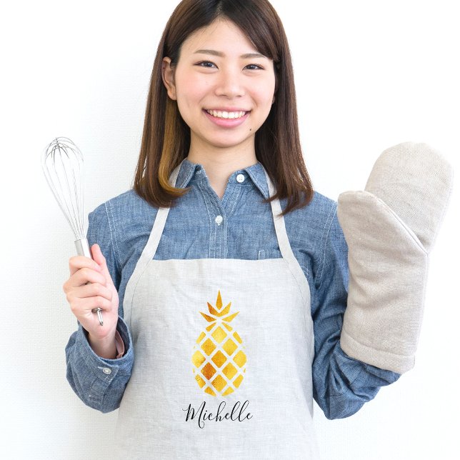 Golden tropical pineapple on white name standard apron (Creator Uploaded)