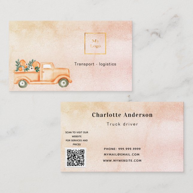 Golden truck transport service QR code  Business Card (Front/Back)