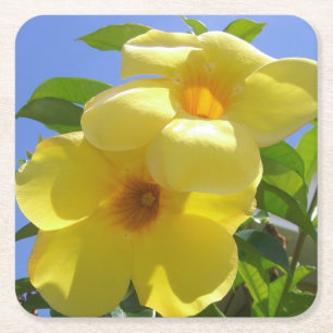 Golden Trumpet Flowers I Square Paper Coaster