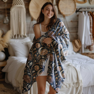 Golden Twilight Floral Moonlit Peonies Fleece Blanket