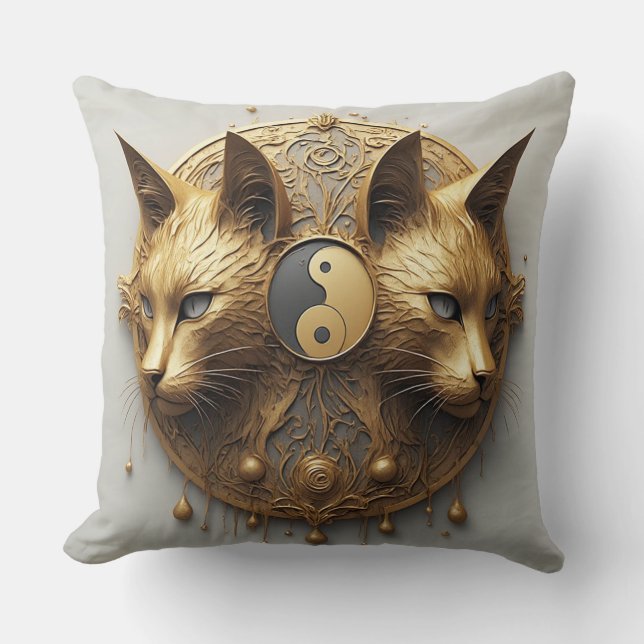 Golden Twin Cat Yin Yang Sculpture Cushion (Front)