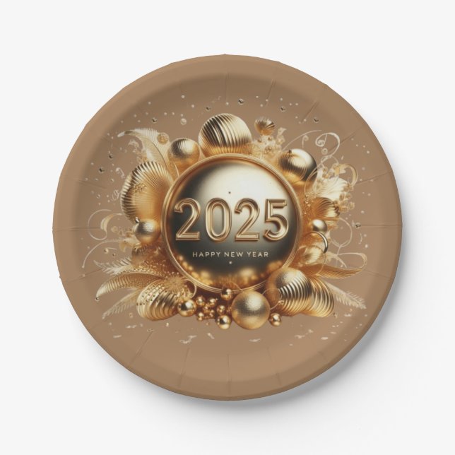 Golden typography happy new year 2025 paper plate (Front)
