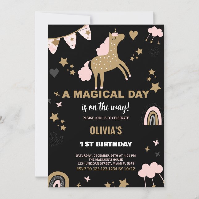 Golden Unicorn Birthday Invitations (Front)