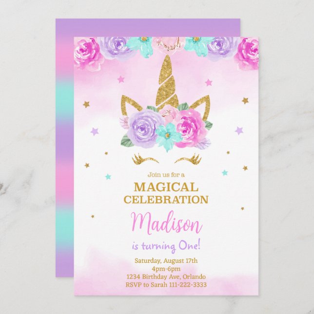 Golden Unicorn Birthday Invite (Front/Back)