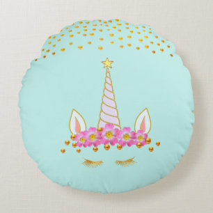 Golden Unicorn, Flowers & Gold Confetti on Teal Round Cushion