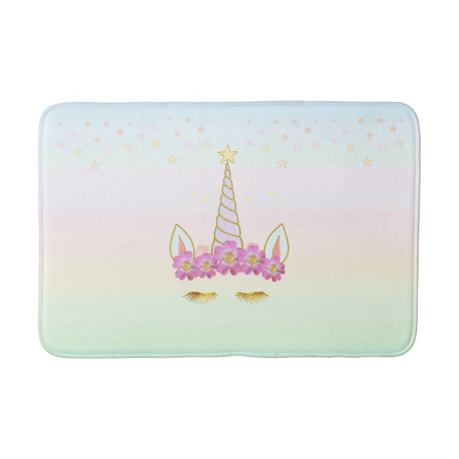 Golden Unicorn, Flowers & Stars on Pastel Colours Bath Mat (Front)