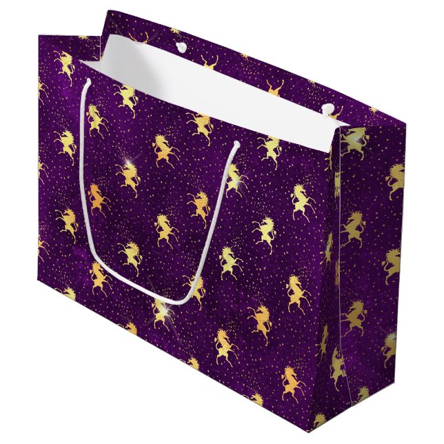 Golden Unicorn Grid Pattern on Deep Purple Large Gift Bag (Front Angled)