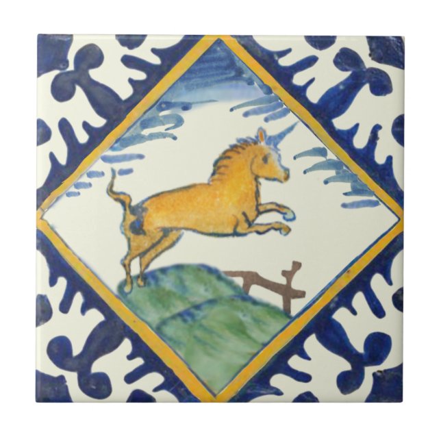 Golden Unicorn Hand Painted Early Delft Repro  Tile (Front)