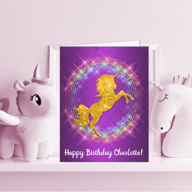 Golden Unicorn Rainbow Sparkles on Purple Birthday Card (Creator Uploaded)