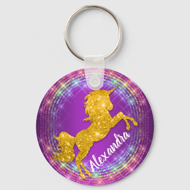 Golden Unicorn Rainbow Sparkles Purple Key Ring (Front)