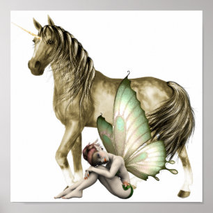 Golden Unicorn & Shy Fairy Print