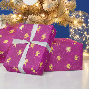 Golden Unicorn Sparkle Pattern on Magenta Wrapping Paper