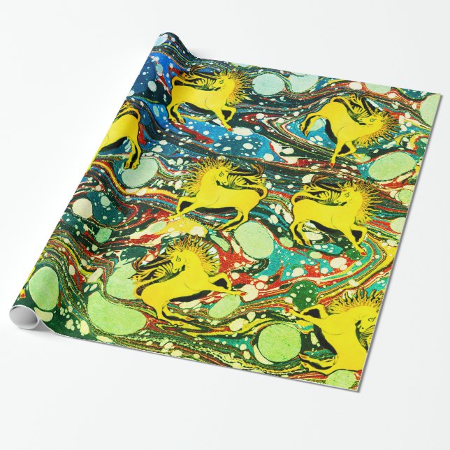 GOLDEN UNICORNS,BLUE GREEN MARBLED EFFECTS,CIRCLES WRAPPING PAPER (Unrolled)