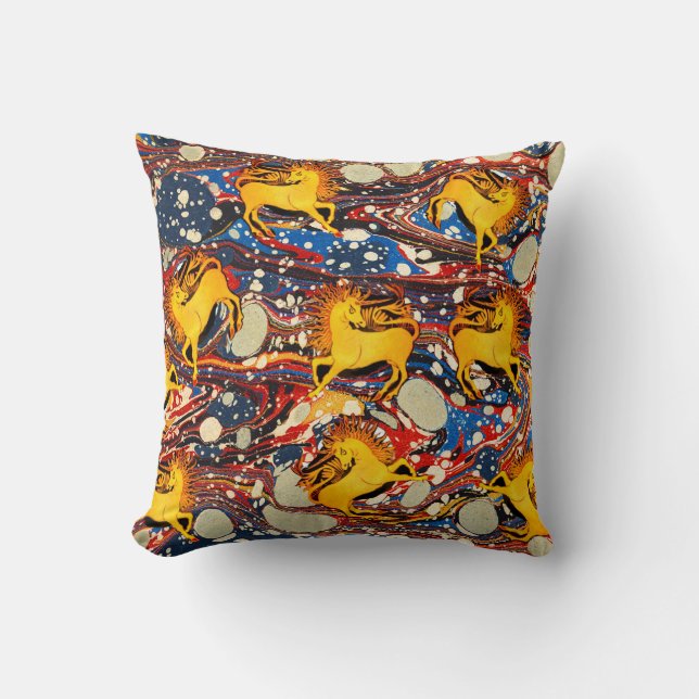 GOLDEN UNICORNS ,RED BLUE MARBLED EFFECTS ,CIRCLES CUSHION (Front)