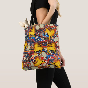 GOLDEN UNICORNS ,RED BLUE MARBLED EFFECTS ,CIRCLES TOTE BAG