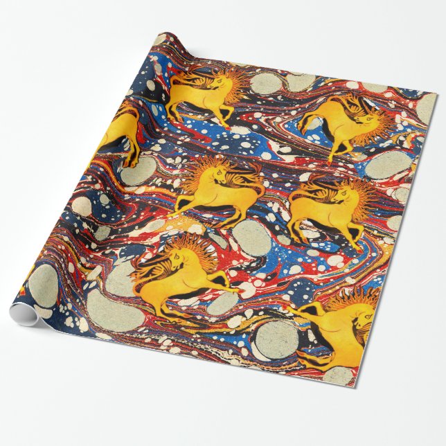 GOLDEN UNICORNS ,RED BLUE MARBLED EFFECTS ,CIRCLES WRAPPING PAPER (Unrolled)