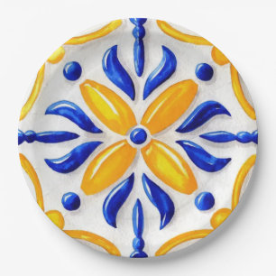 Golden Valencia Blossom Blue and Amber Floral  Paper Plate