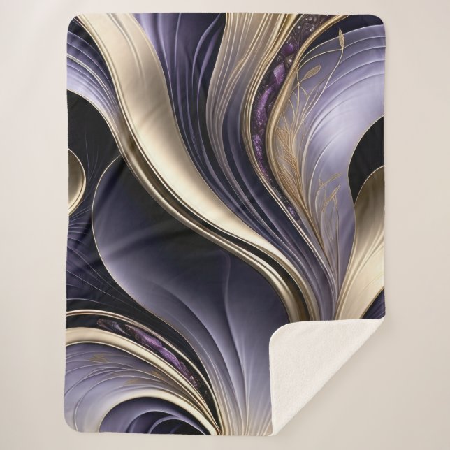 Golden Veil - Luxurious Gold and Violet Abstract Sherpa Blanket (Front)