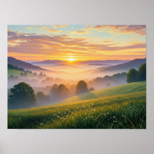 Golden Veil of Dawn: Misty Sunrise Over Poster