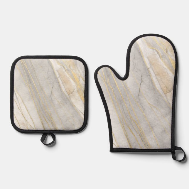 Golden Veined Carrara Marble Texture Oven Mitt & Pot Holder Set (Front)