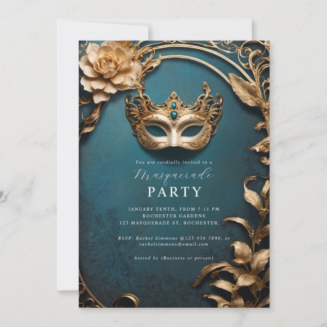 Golden venetian mask masquerade ball  invitation (Front)