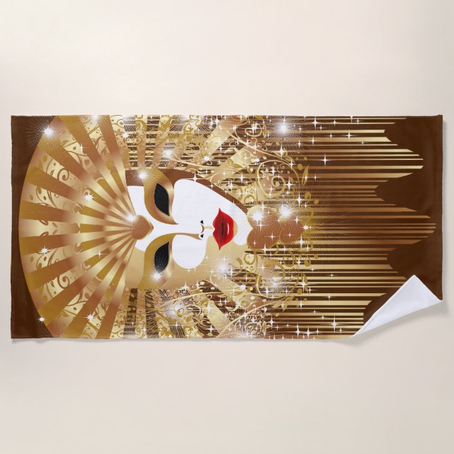 Golden Venice Carnival Party Mask Beach Towel (Front)