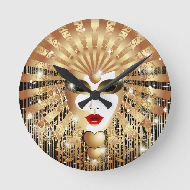 Golden Venice Carnival Party Mask Round Clock (Front)