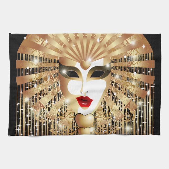 Golden Venice Carnival Party Mask Tea Towel (Horizontal)
