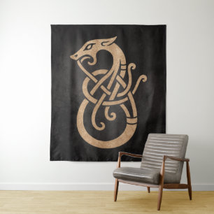 Golden Viking Serpent Knot Symbol Tapestry