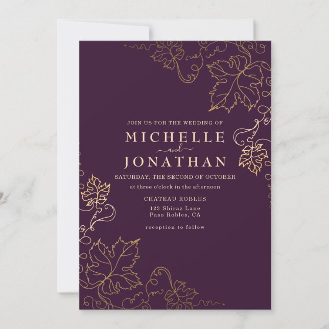 Golden Vineyard Burgundy Faux Gold Wedding Invitation (Front)
