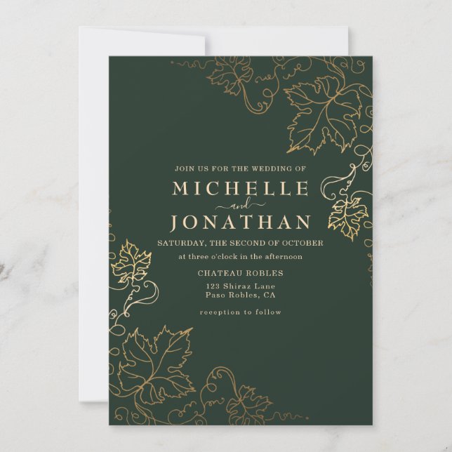 Golden Vineyard Green Faux Gold Wedding Invitation (Front)