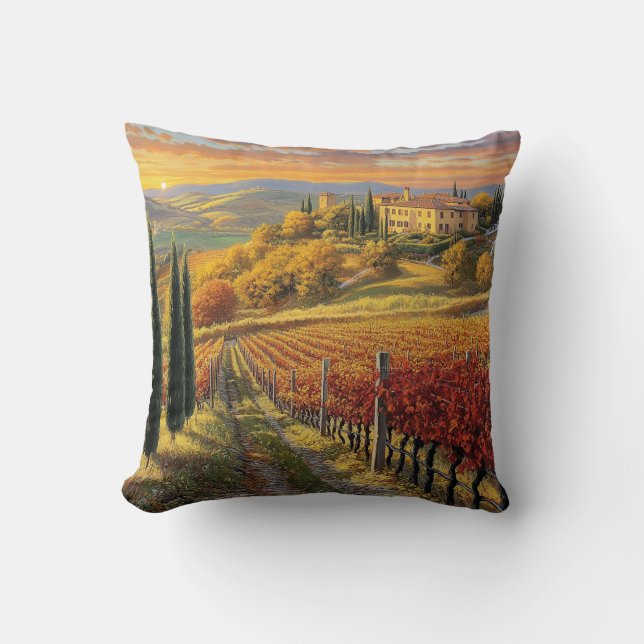 Golden Vineyard Path – Square Throw Pillow (Front)